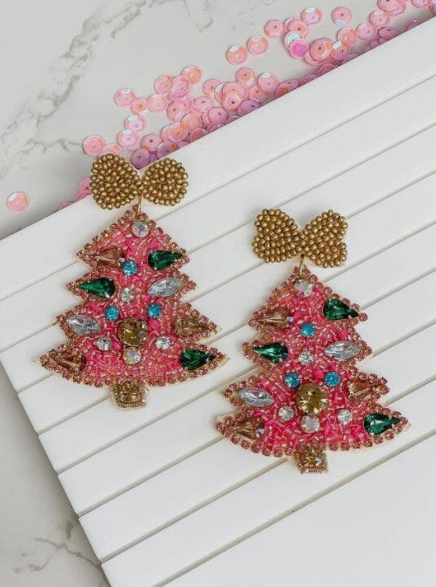 Pink rhinestone Christmas tree earrings