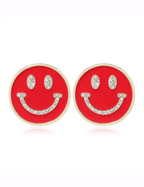 Red Smiley Face Earrings- Gold
