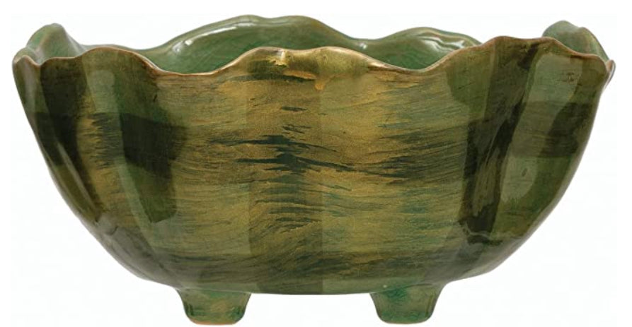 Green Hand-Painted Stoneware Bowl with Ruffled Edge