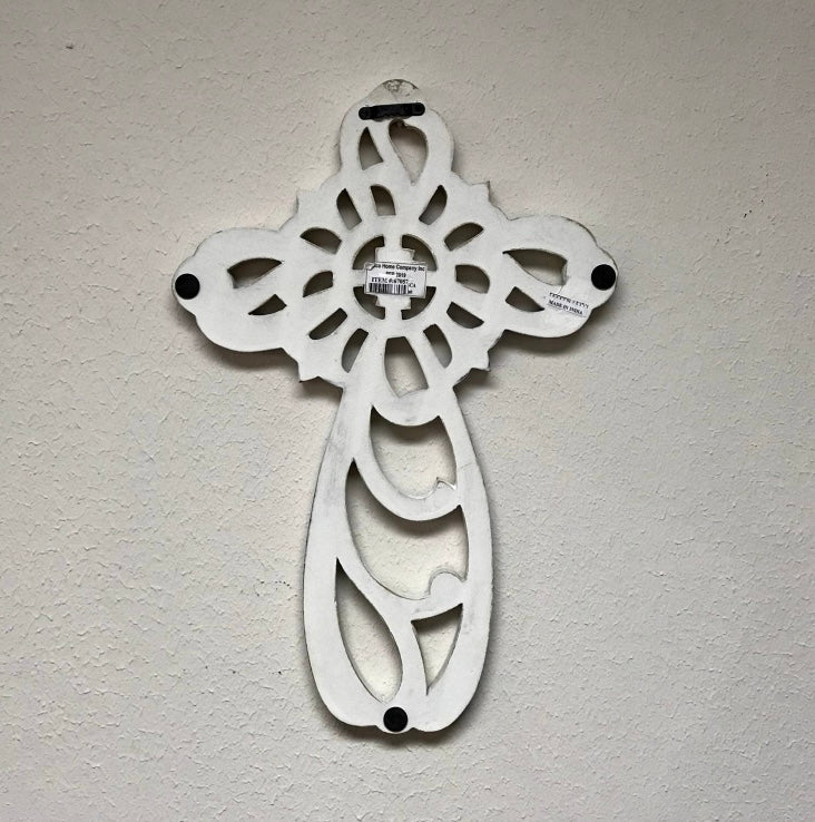 Hand-Carved Wood St. Louis Wall Cross in Rustic White