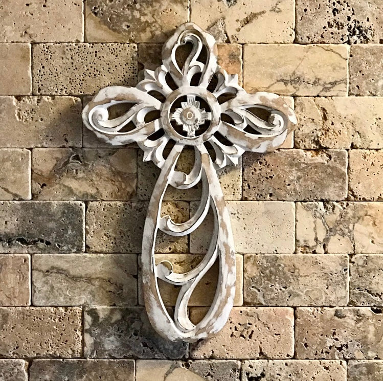 Hand-Carved Wood St. Louis Wall Cross in Rustic White