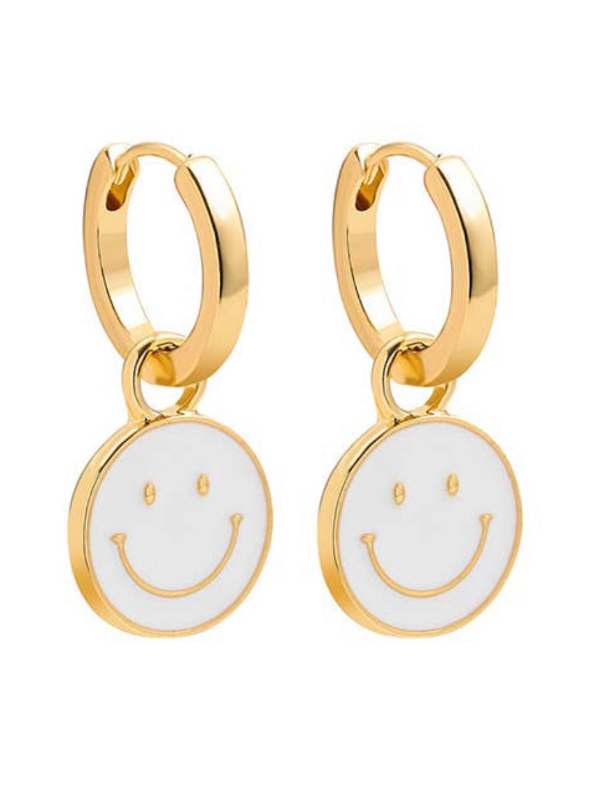 White Enamel Smiley Face Earrings- Gold